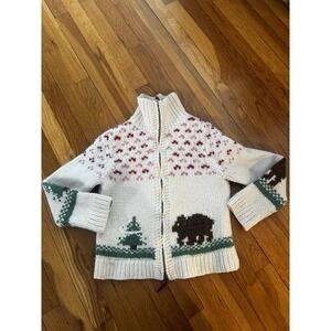 Vintage American Eagle Handknit Wool Blend Sweater Bear Tree Full Zip Youth L